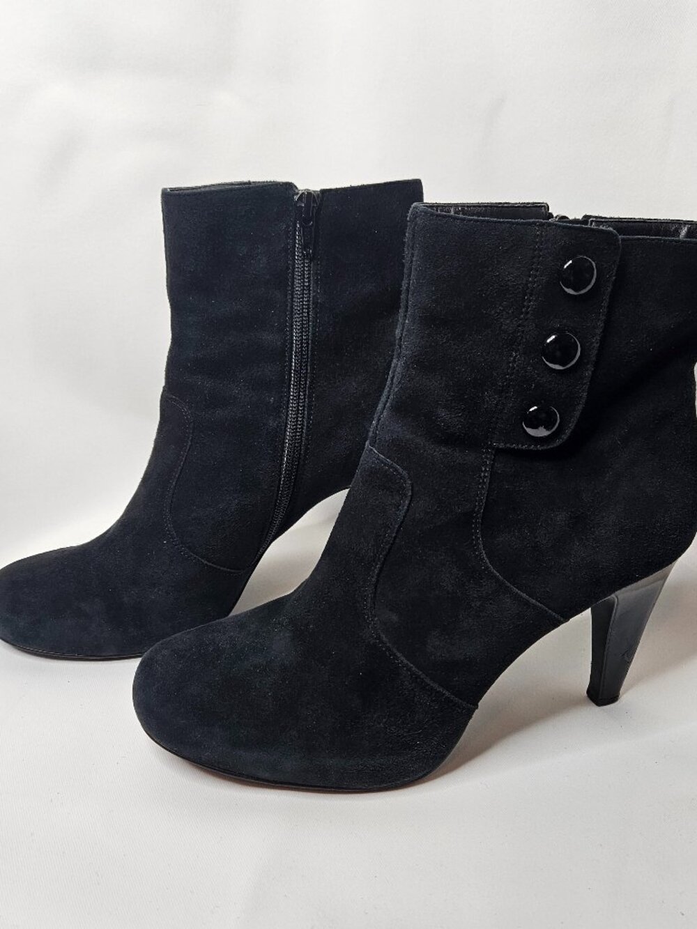 Franco Sarto Vintage Black Suede Button Ankle Boots - Size 8